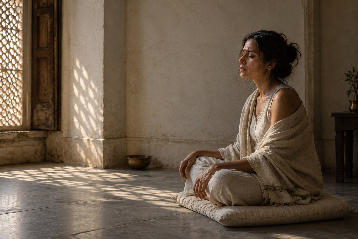 A woman meditating on a cotton cushion in soft dawn light