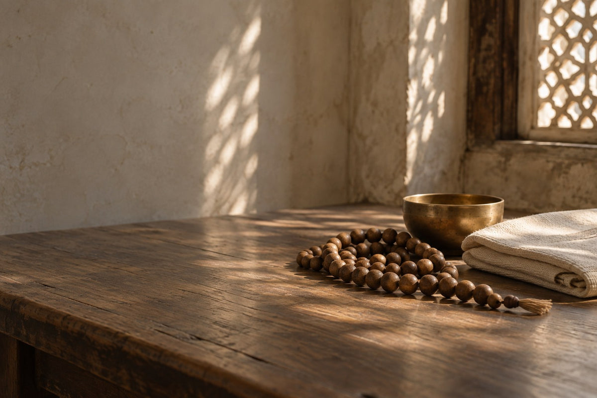 Wooden prayer beads beside a brass bowl and folded khadi on a teak table