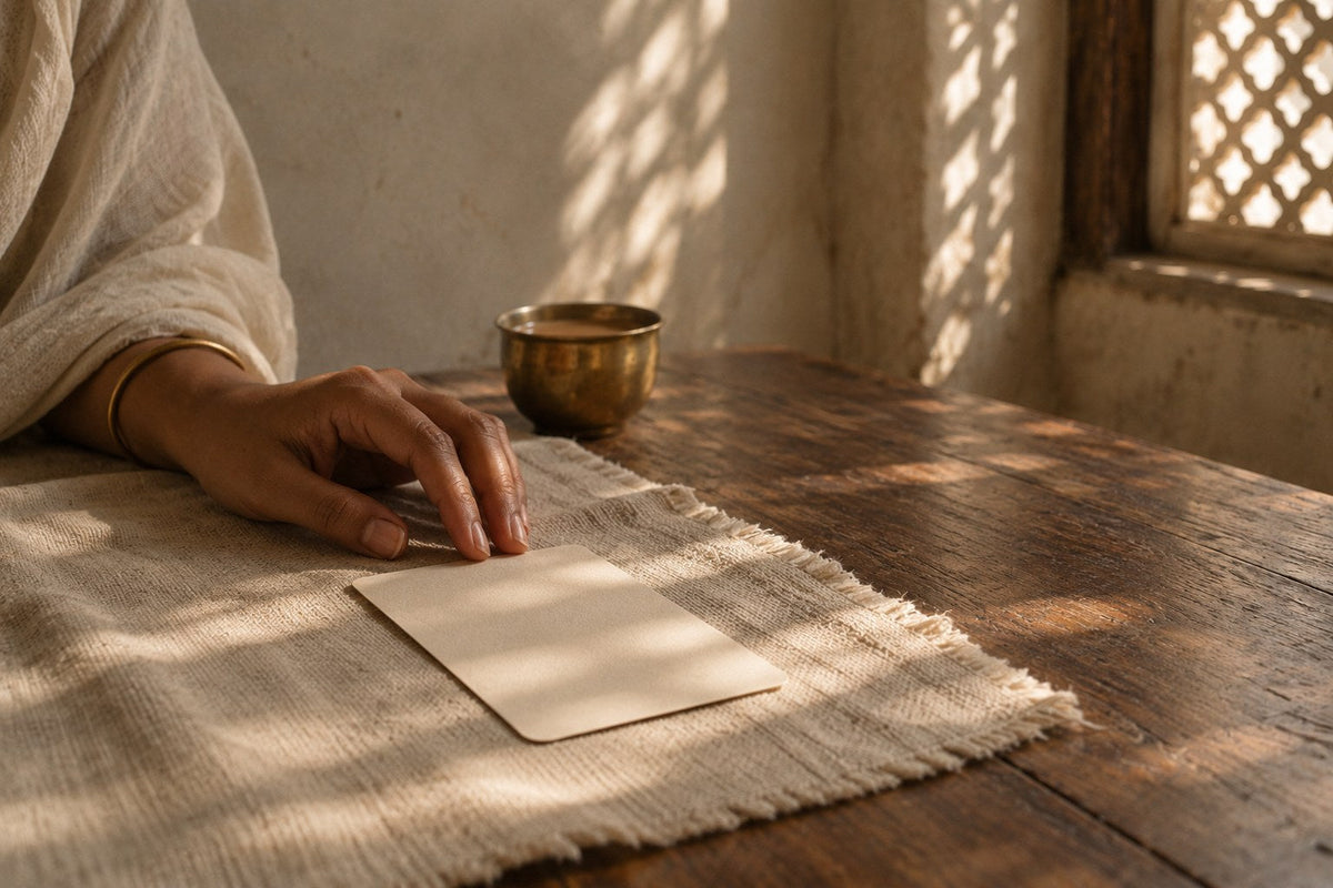 A hand resting beside a single tarot card lying face down on khadi cloth
