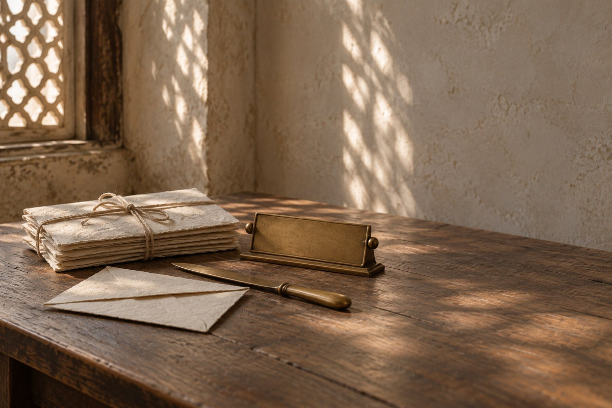 Old handmade envelopes tied with cord beside an empty brass nameplate