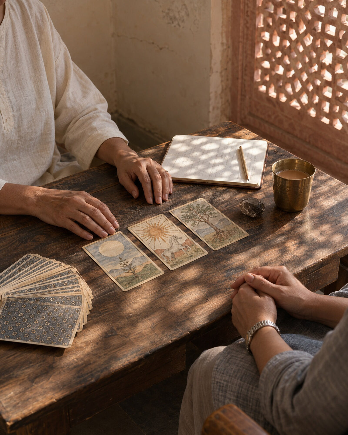 A tarot reading in progress on a teak table in morning light
