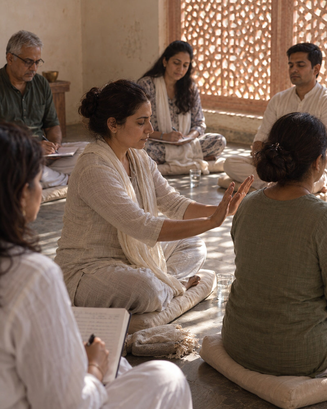 Un piccolo gruppo impara il Pranic Healing nello studio di Jaipur