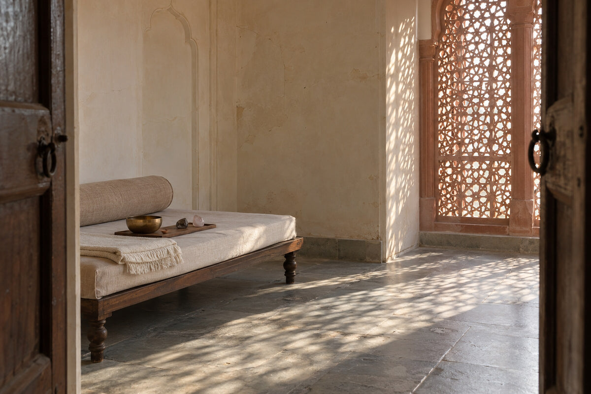 La salle du KUSHA Studio à Jaipur, lumière du matin à travers une jaali en grès sculpté