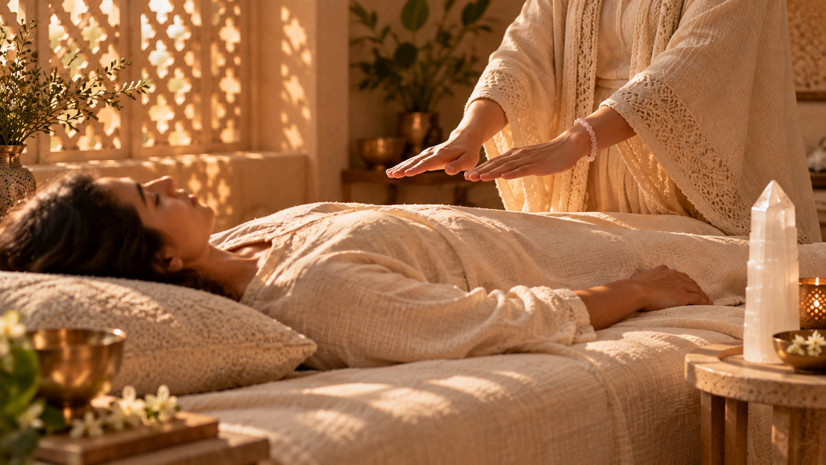 A restful no-touch session, hands held above the body