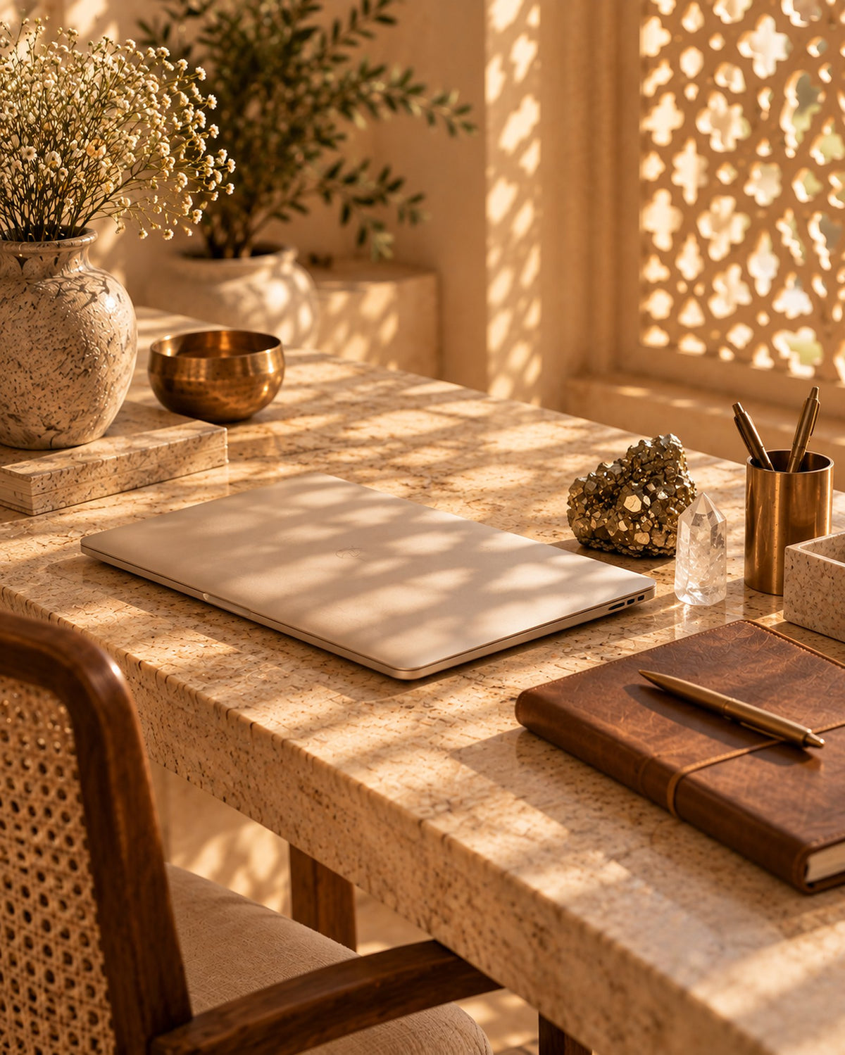 A calm desk with a ledger, brass pen stand and a pyrite cluster
