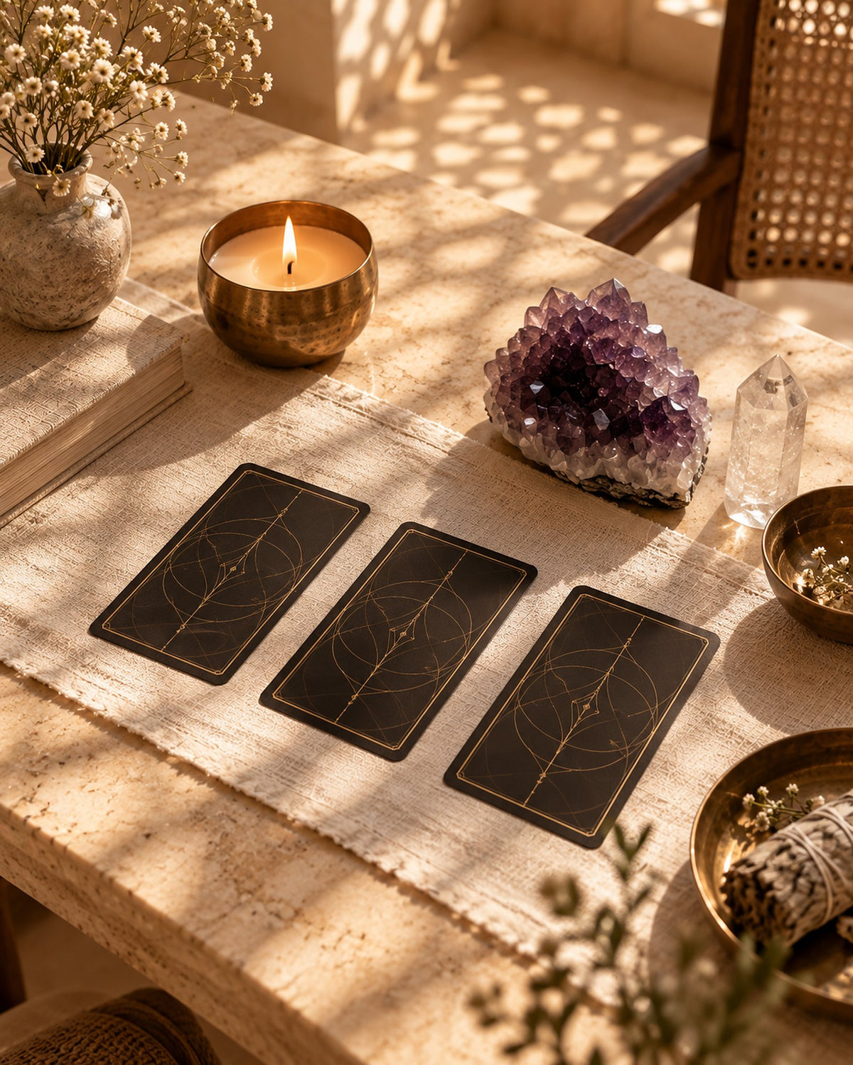 Tarotkarten, verdeckt ausgelegt neben einer Messingkerze und Kristallen