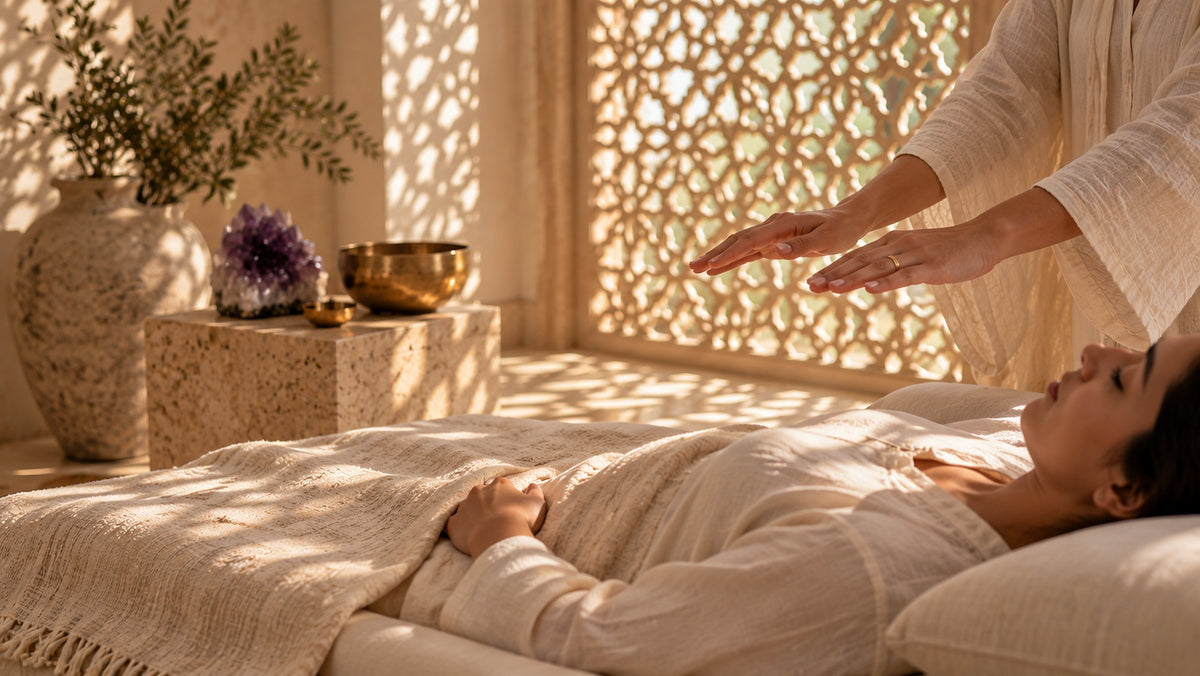 A no-touch Pranic Healing session at the KUSHA Studio, hands held above the body