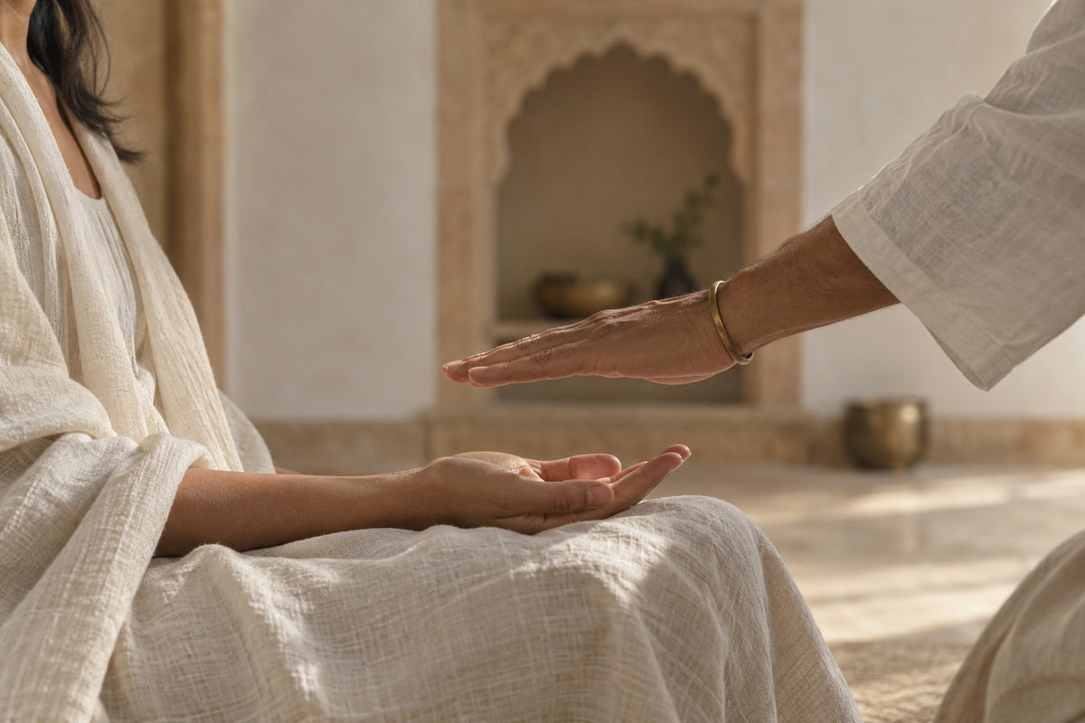 A healer holding her palm a short distance above a resting client, not touching