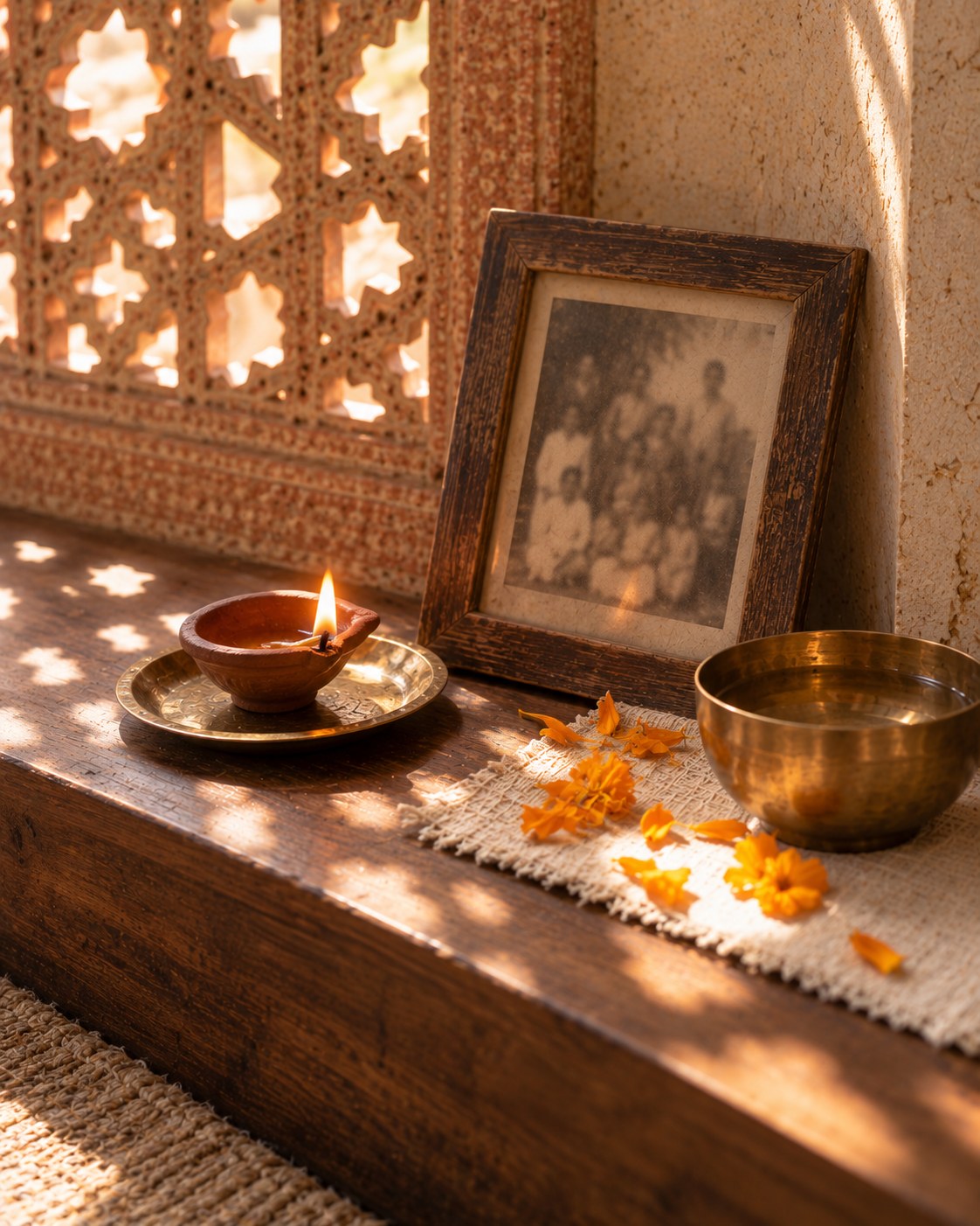 Ancestral Healing Session: a lit diya beside an old family photograph