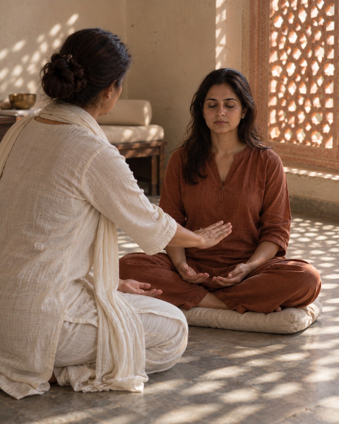 Cord Cutting Session at the KUSHA studio in Jaipur: a healer sweeps a hand through the air before a seated woman