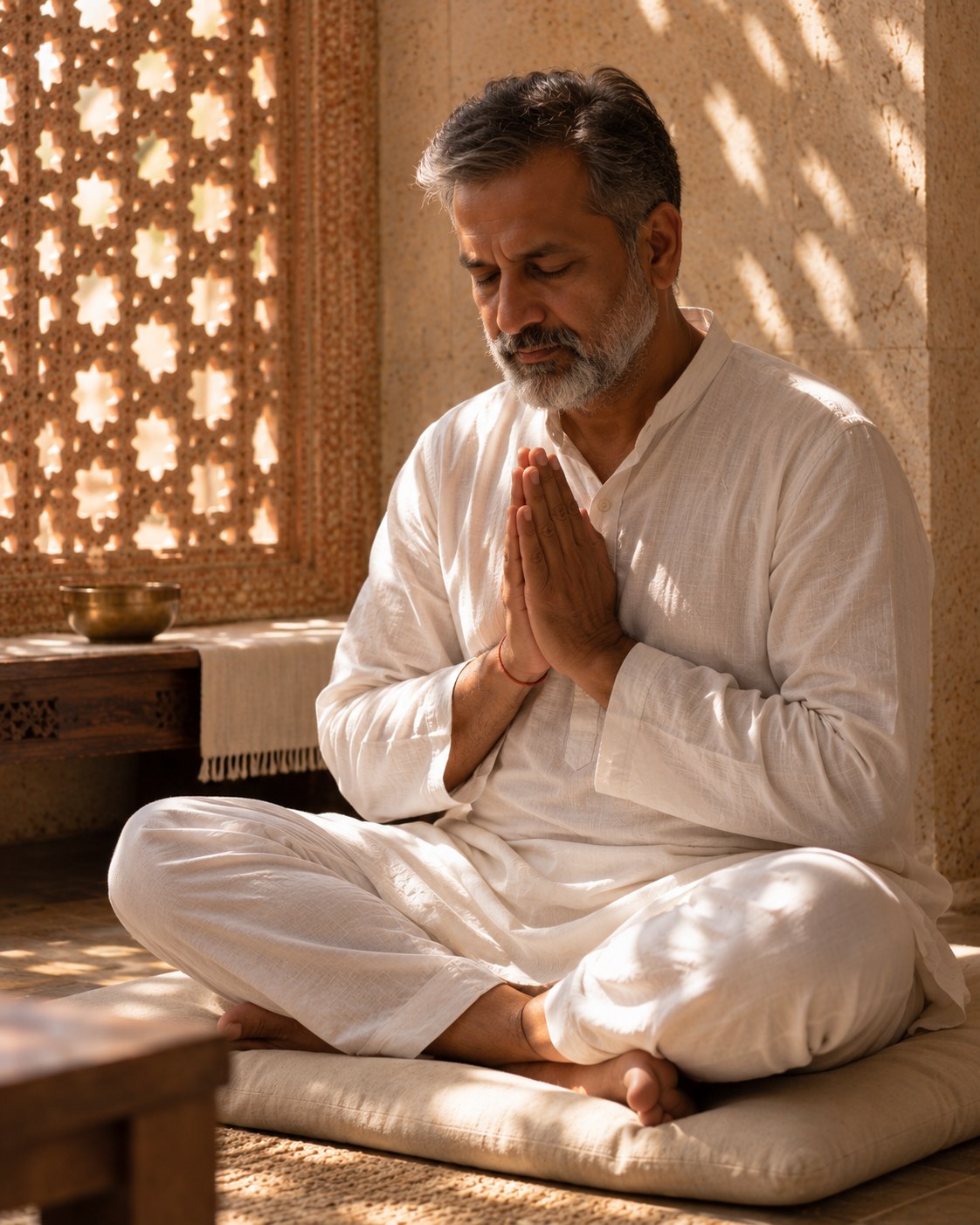 Forgiveness Prayer Session: a man seated quietly with his palms joined in prayer