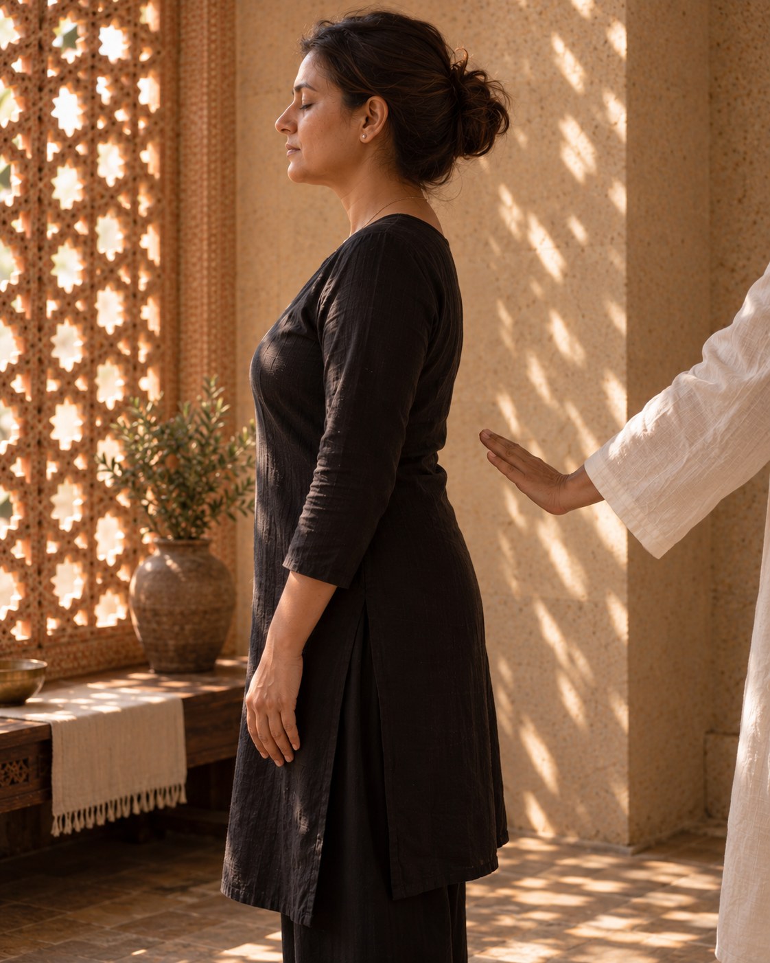 Pranic Body Sculpting Session, side view: a healer's palm held near a standing client's waist