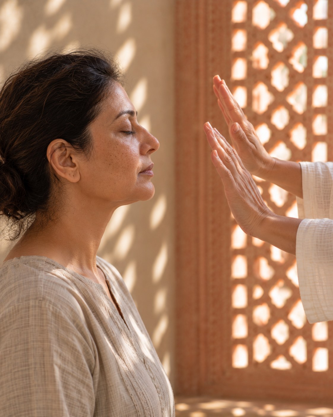 Pranic Facial Uplifting Session: a healer's palms held near a woman's cheek without touching