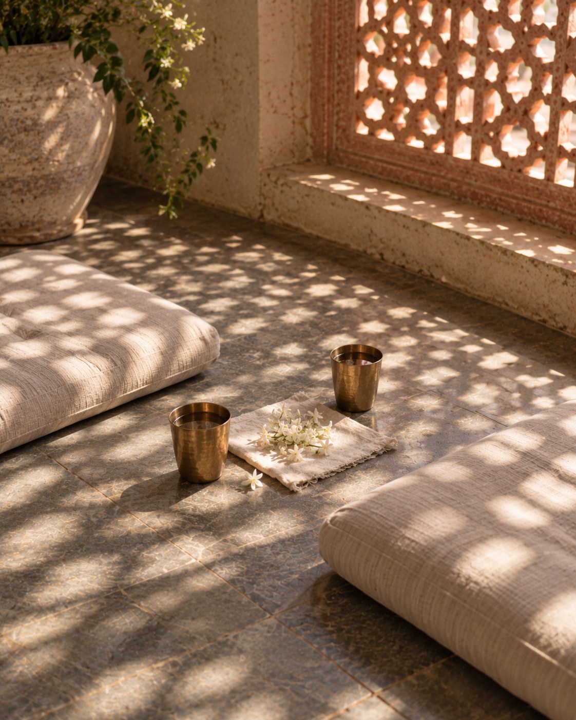 Relationship Healing Session: two floor cushions facing each other with brass cups and jasmine