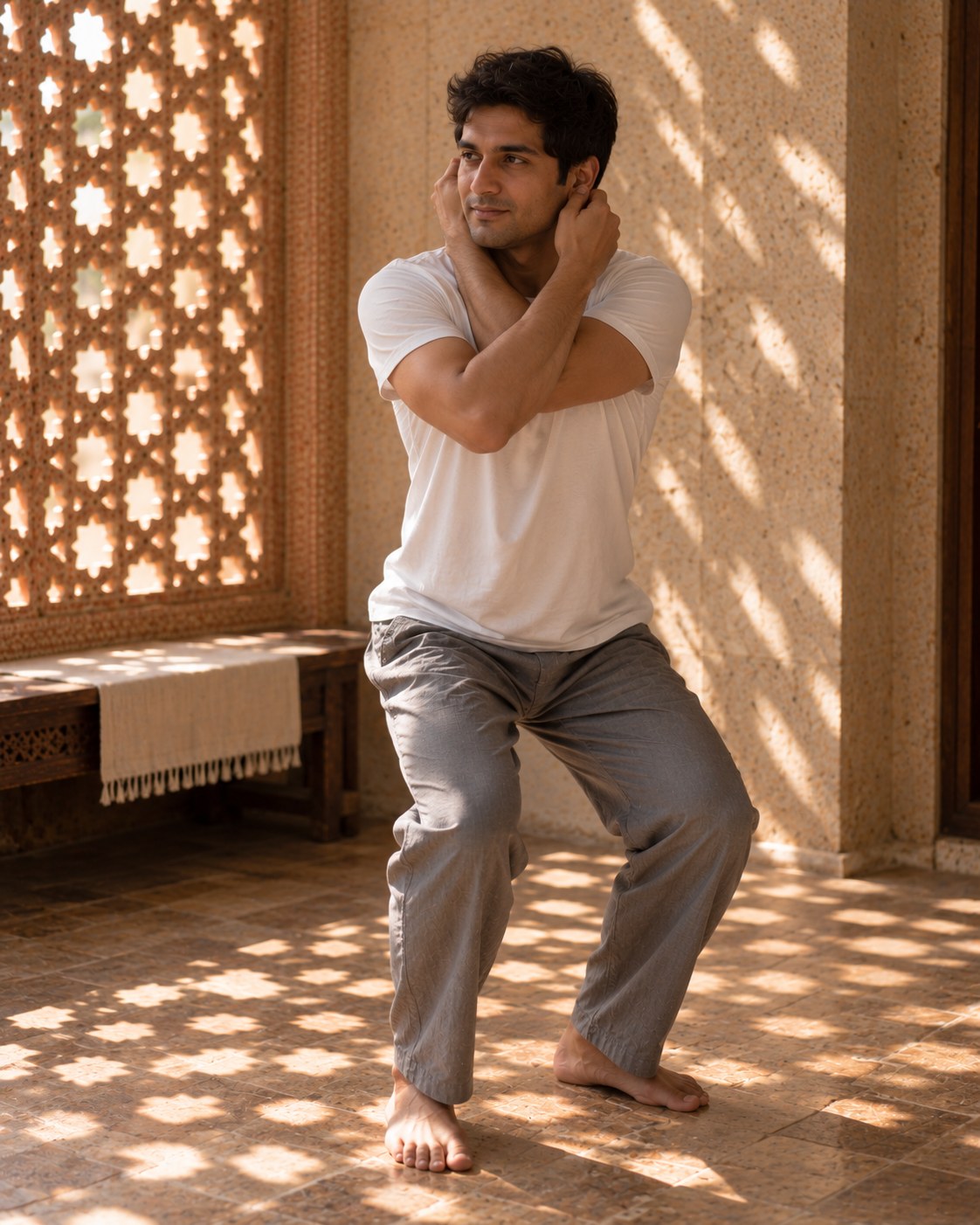 Super Brain Yoga Session: a man practising Super Brain Yoga while holding his earlobes