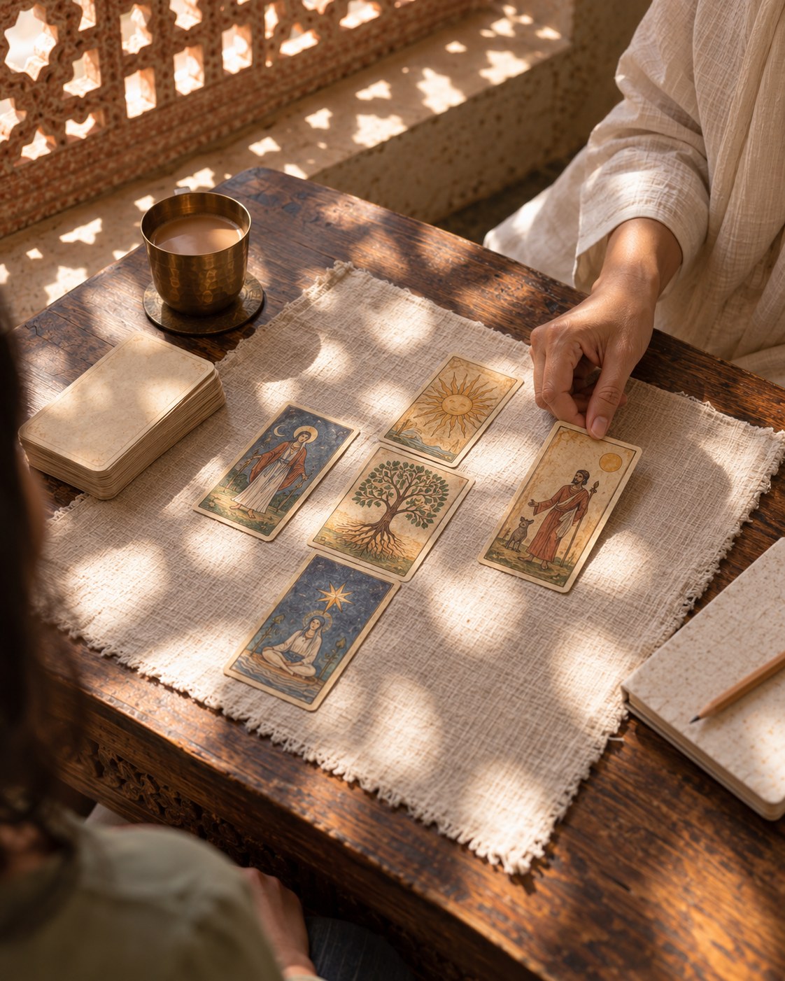 Tarot Session at the KUSHA studio in Jaipur: a tarot spread laid on khadi cloth beside a cup of chai