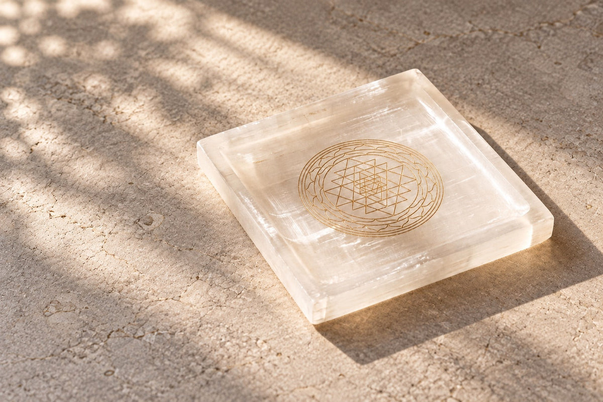 Square selenite tray engraved with the Sri Yantra in gold