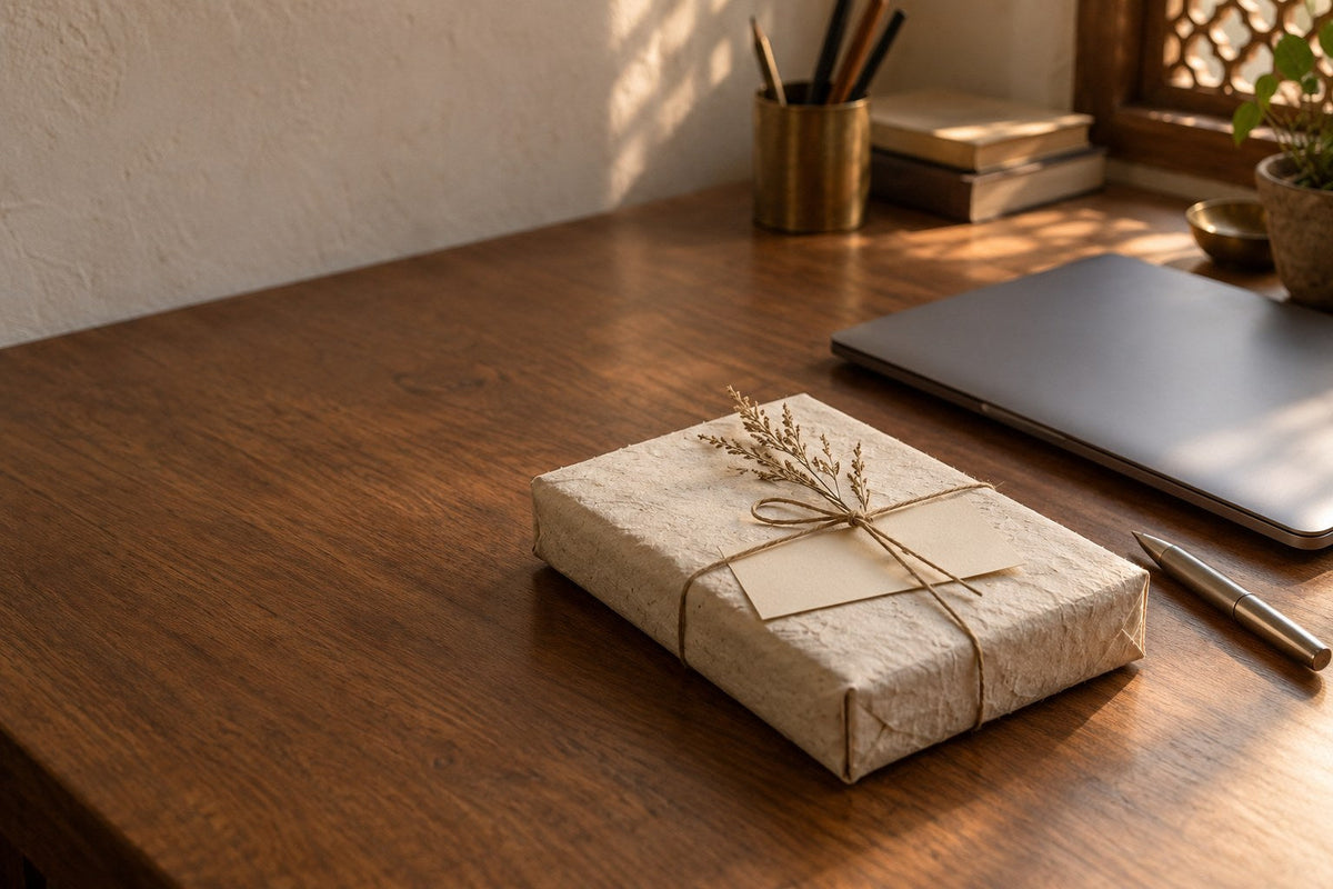A gift wrapped in handmade paper with cotton cord on a teak desk