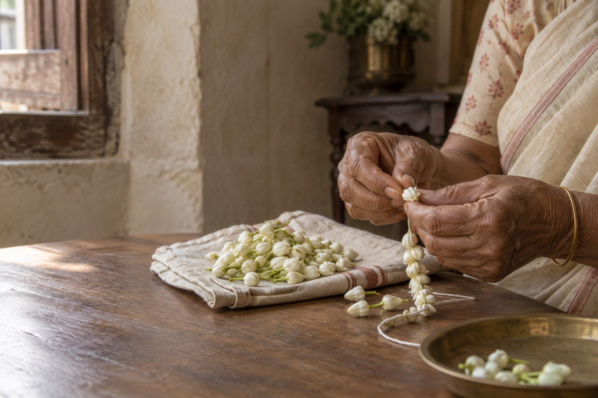 An older woman's hands threading fresh jasmine buds onto a cotton string