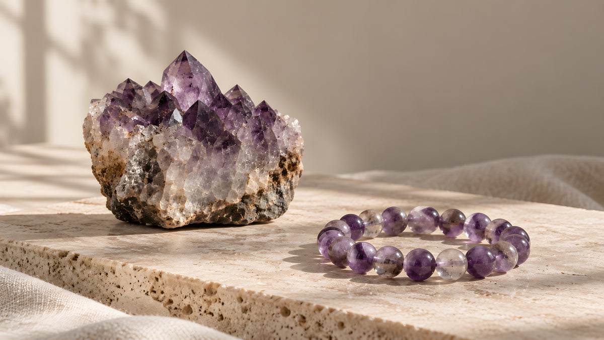 Druse di ametista grezza accanto al bracciale KUSHA in ametista, su travertino