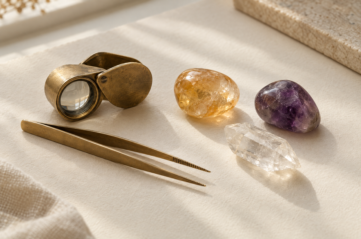 A brass jeweller's loupe and tweezers beside citrine, amethyst and a clear quartz point