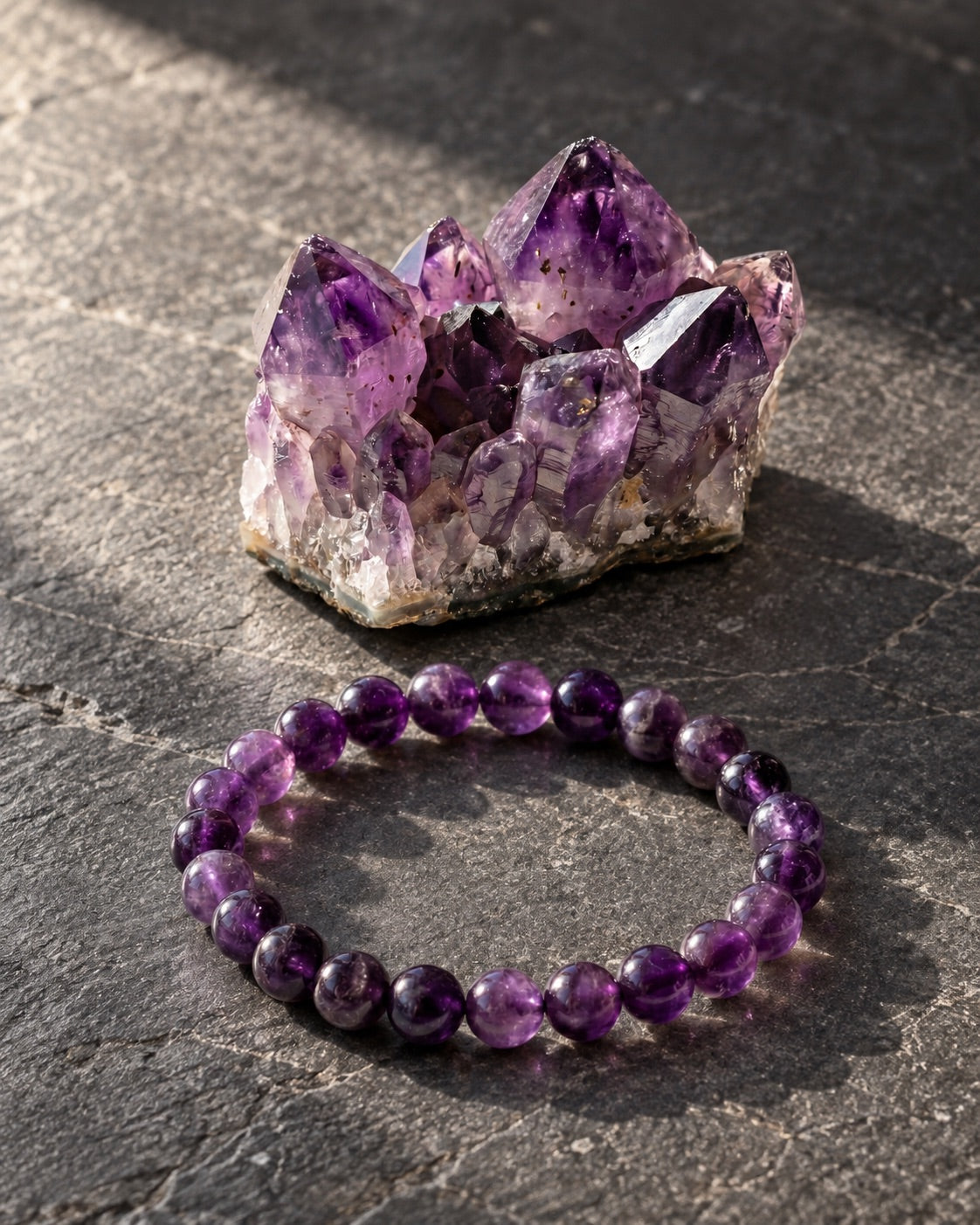 Amethyst bracelet beside a raw amethyst cluster on dark slate in warm light