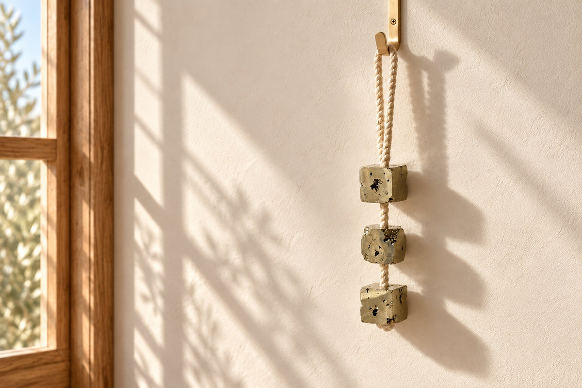 Pyrite cube hanging on a jute cord beside a sunlit window