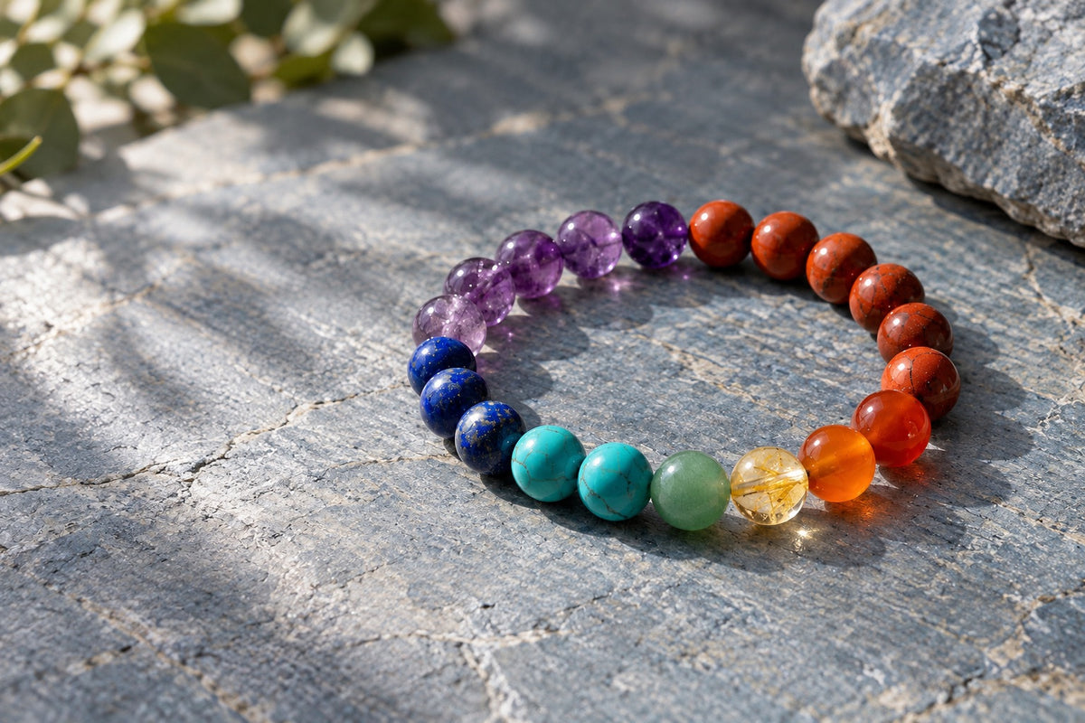 Seven chakra bracelet in amethyst, lapis, turquoise, aventurine, citrine, carnelian and red jasper on grey stone