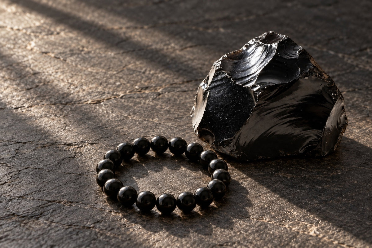 Black obsidian bracelet beside a raw obsidian stone on dark slate