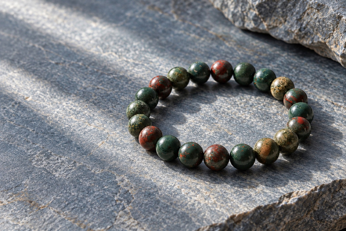 Bloodstone bead bracelet on grey stone