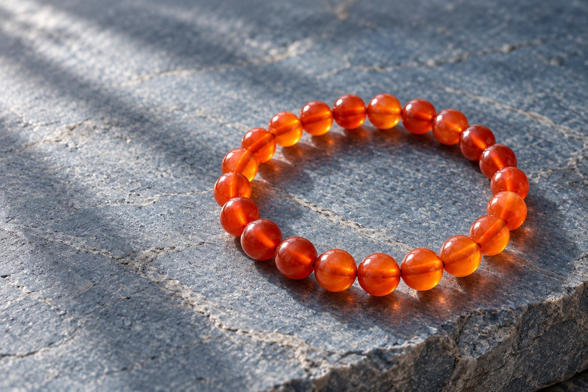 Carnelian bead bracelet glowing orange on grey stone