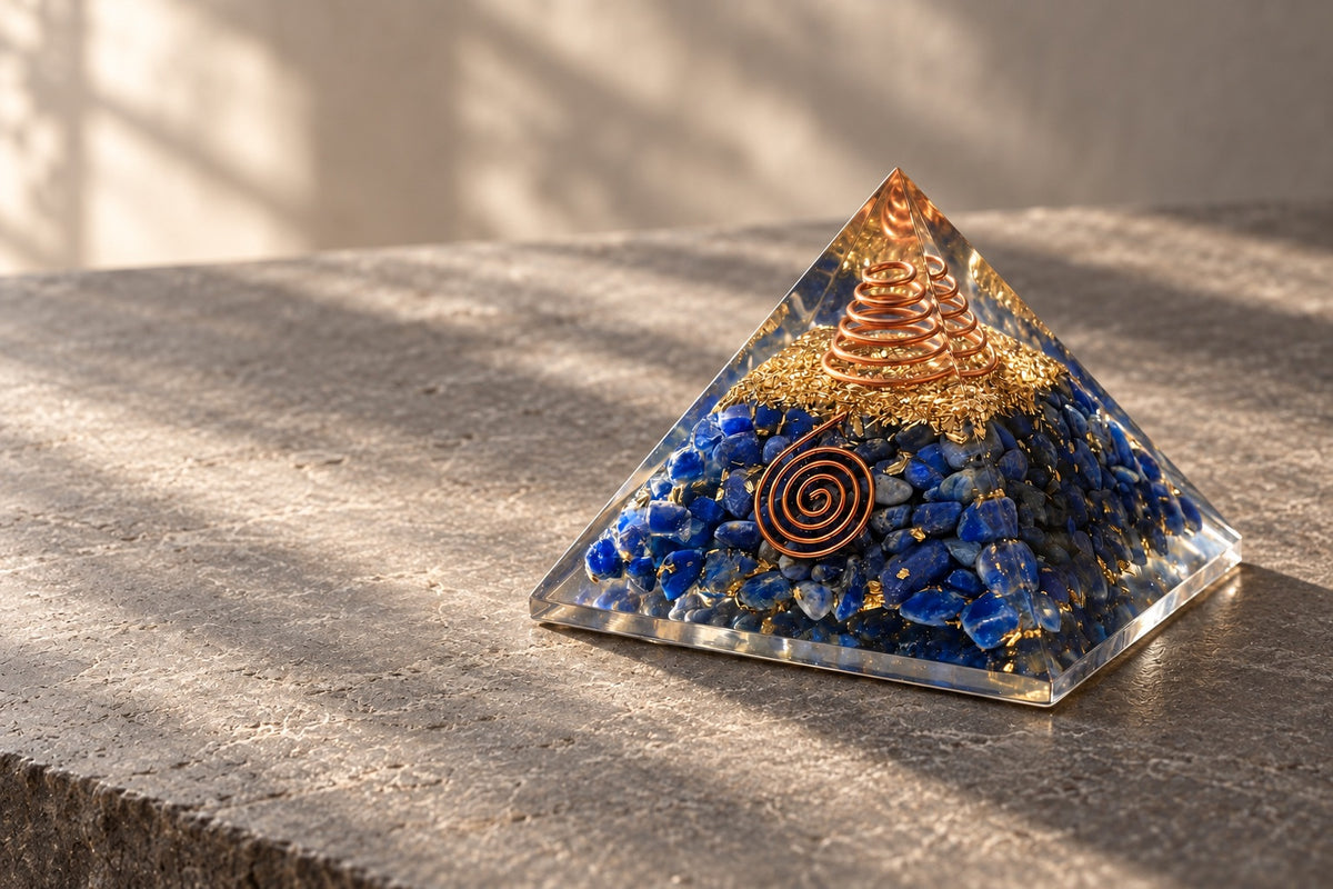 Lapis lazuli chip pyramid with a copper spiral on dark slate