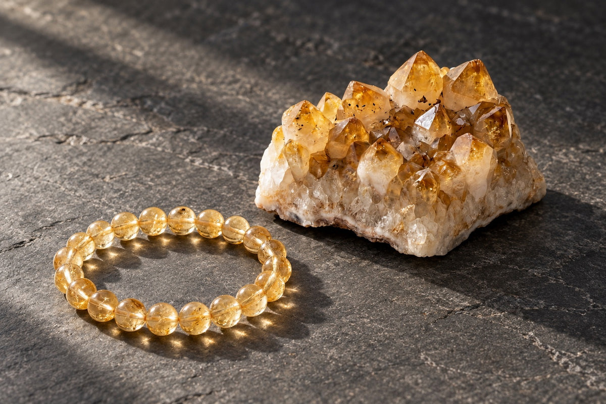 Citrine bracelet beside a raw citrine cluster on dark slate