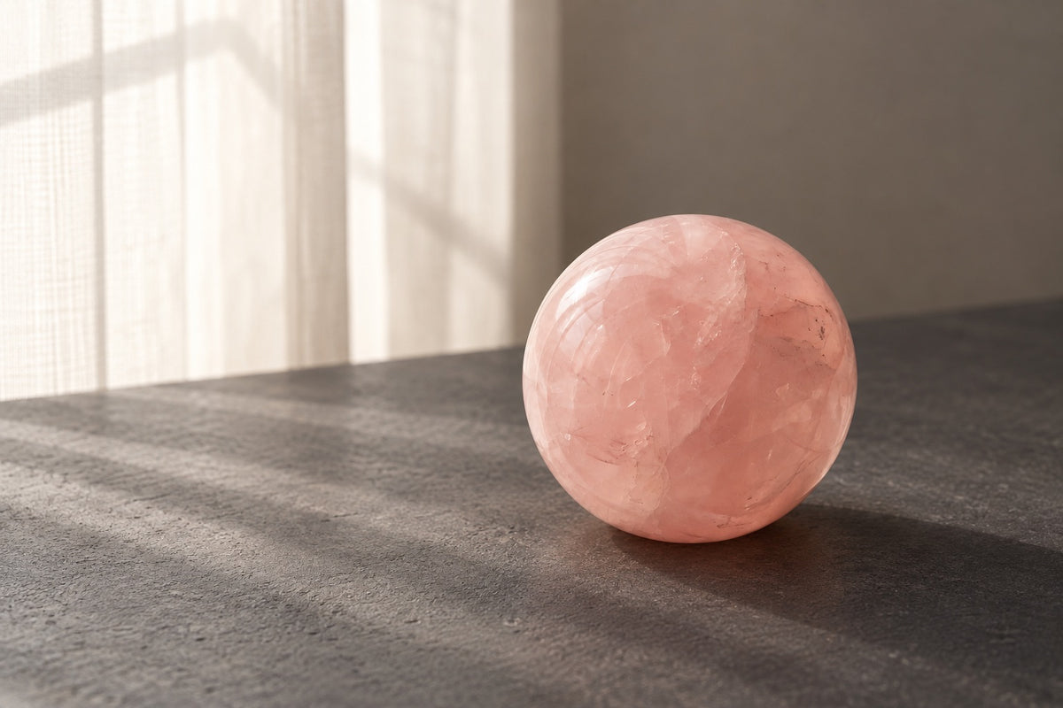 Polished rose quartz sphere on a dark table in window light
