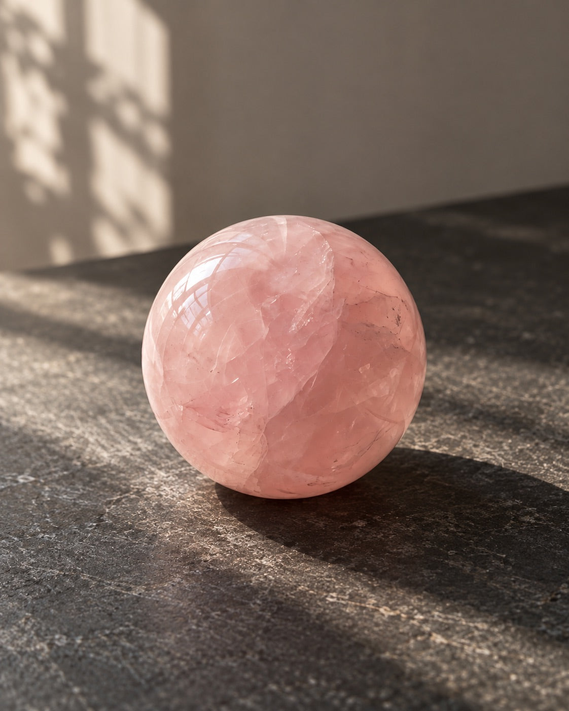 Polished rose quartz sphere on a dark table in window light