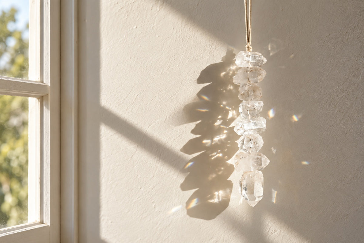 Clear quartz crystal hanging casting light beside a window