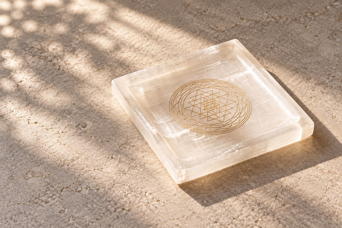 Square selenite tray engraved with the Sri Yantra in gold