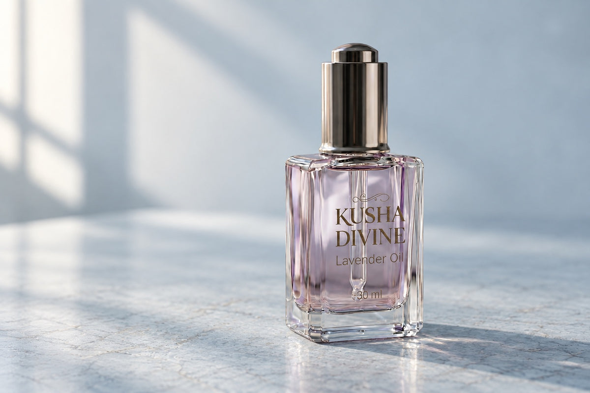 KUSHA DIVINE lavender oil in a glass dropper bottle on pale stone