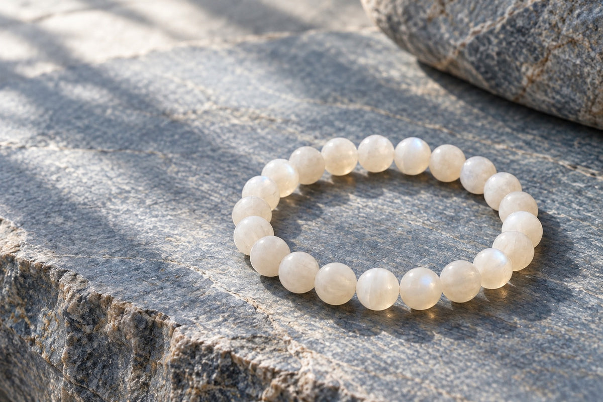 Moonstone bead bracelet on grey stone