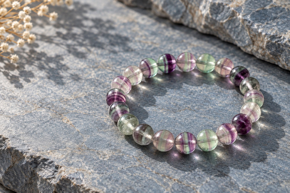 Rainbow fluorite bead bracelet on grey stone beside dried flowers