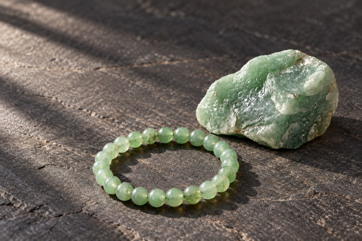 Green aventurine bracelet beside a raw green aventurine stone on slate
