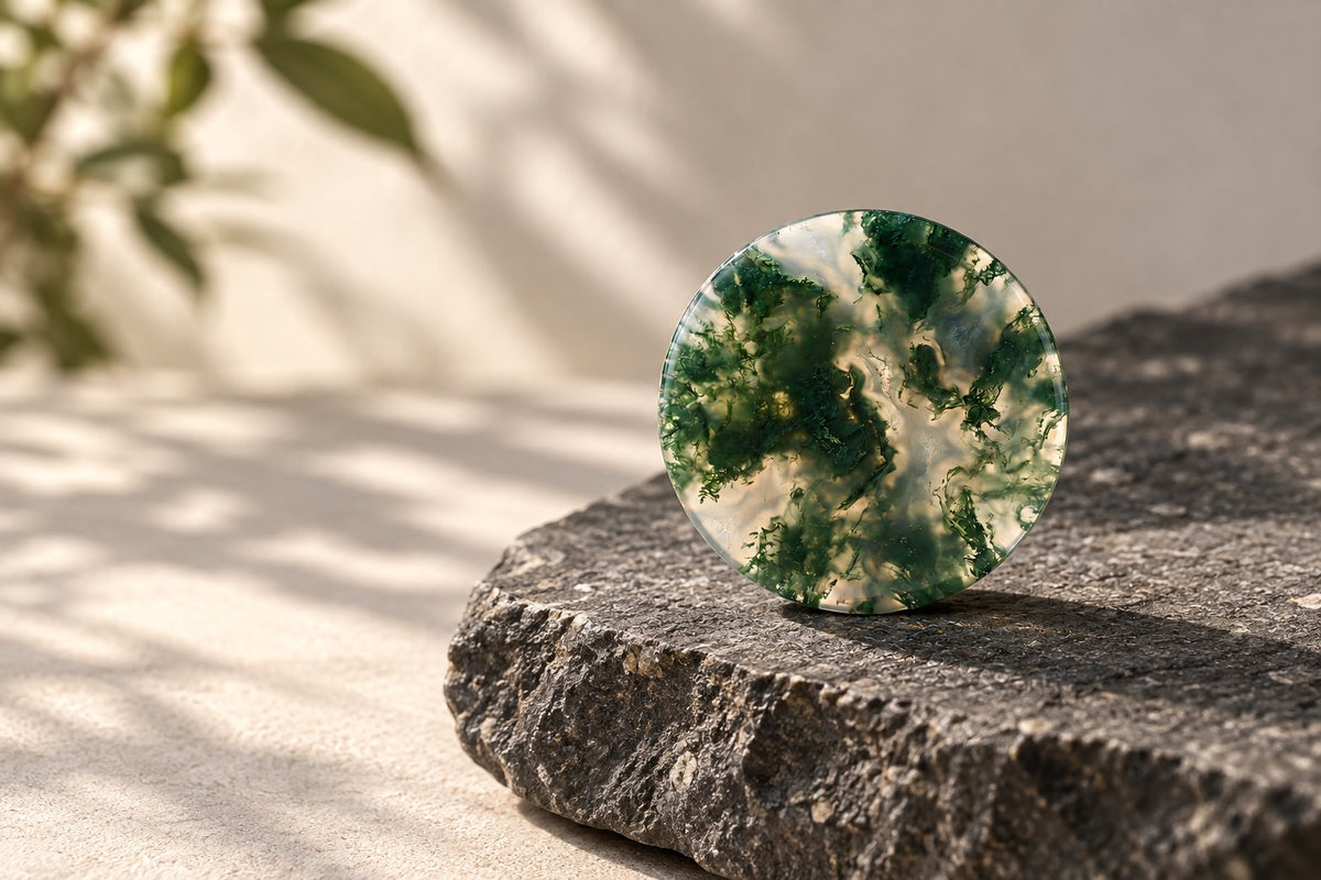 Round moss agate disc resting on a stone ledge