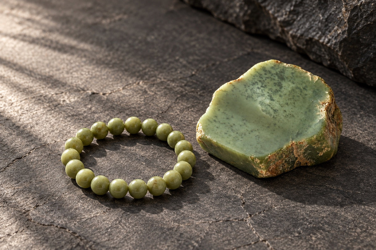 Green jade bracelet beside a polished jade stone on dark slate