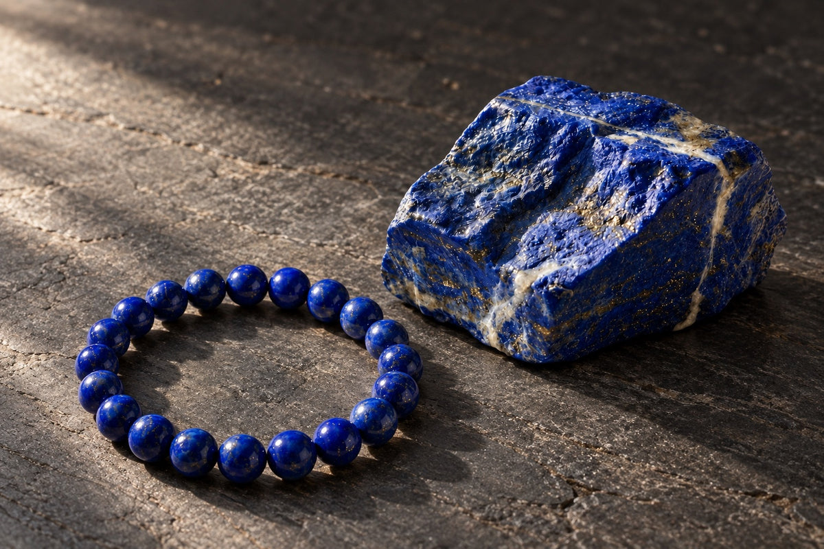 Lapis lazuli bracelet beside a raw lapis lazuli stone on dark slate