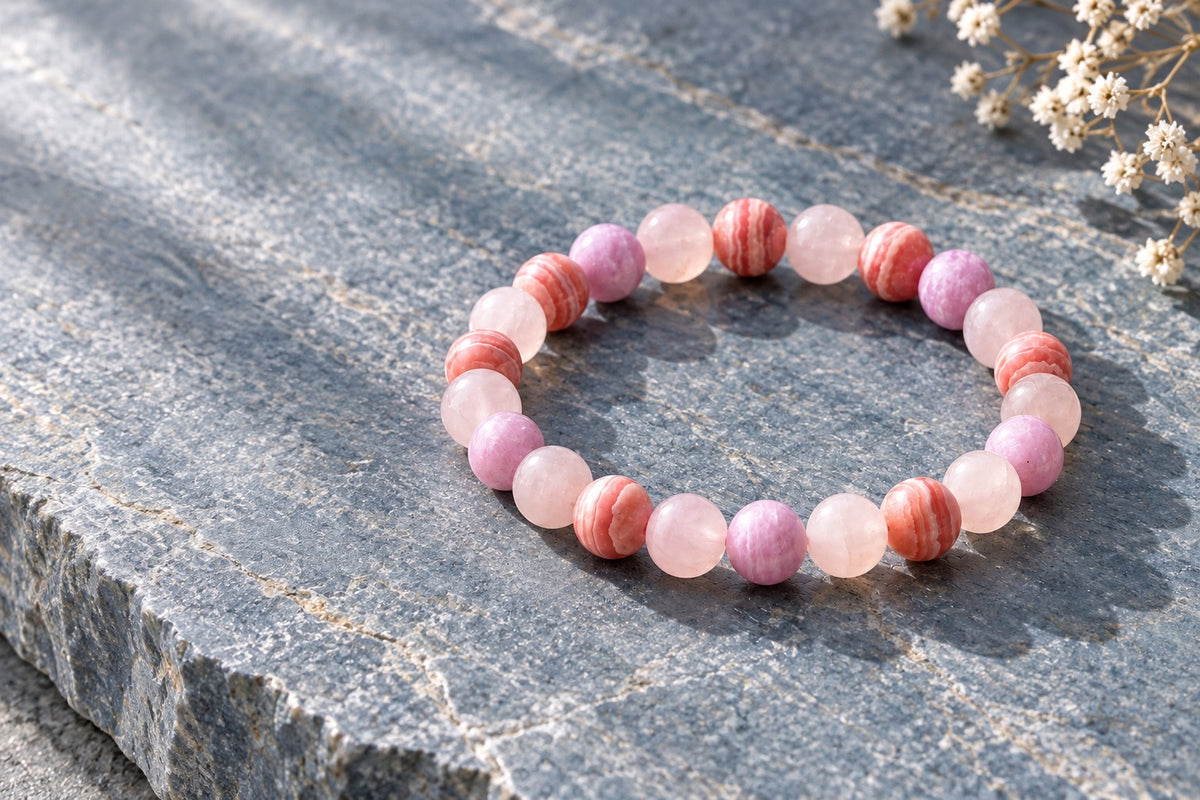 Rose quartz and rhodochrosite bead bracelet on grey stone for Libra
