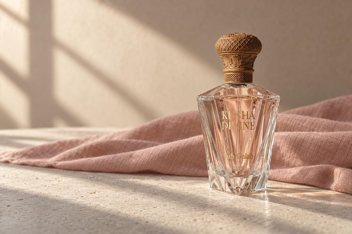 KUSHA DIVINE attar bottle with a carved wooden cap beside soft pink linen