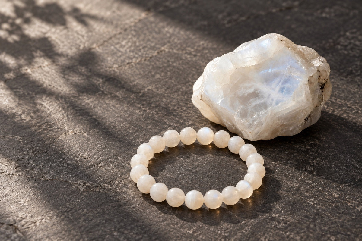 Moonstone bracelet beside a raw moonstone on dark slate