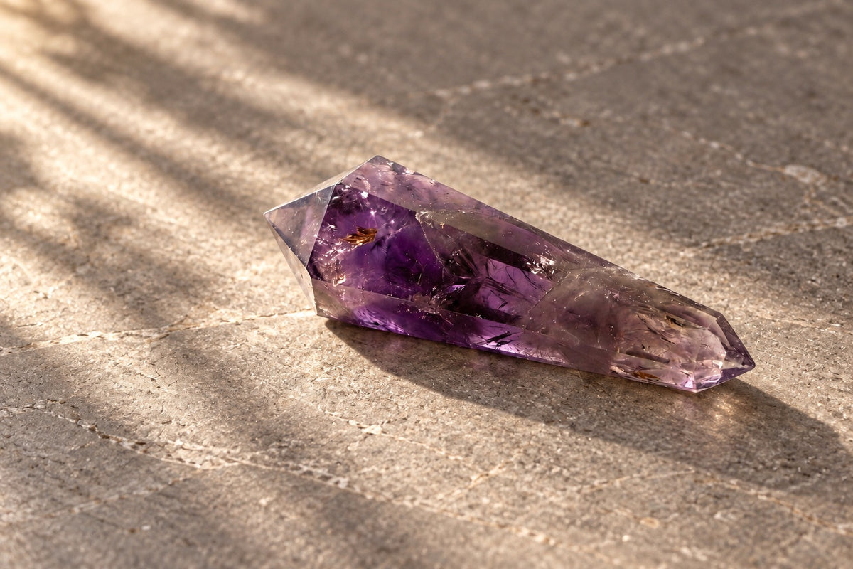 Amethyst double terminated point on pale stone in raking light