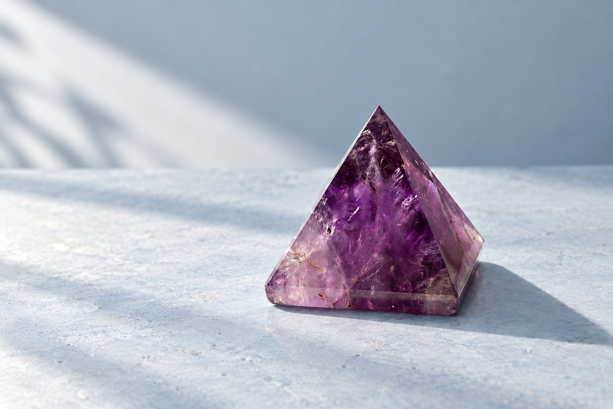 Amethyst pyramid on pale stone in cool light