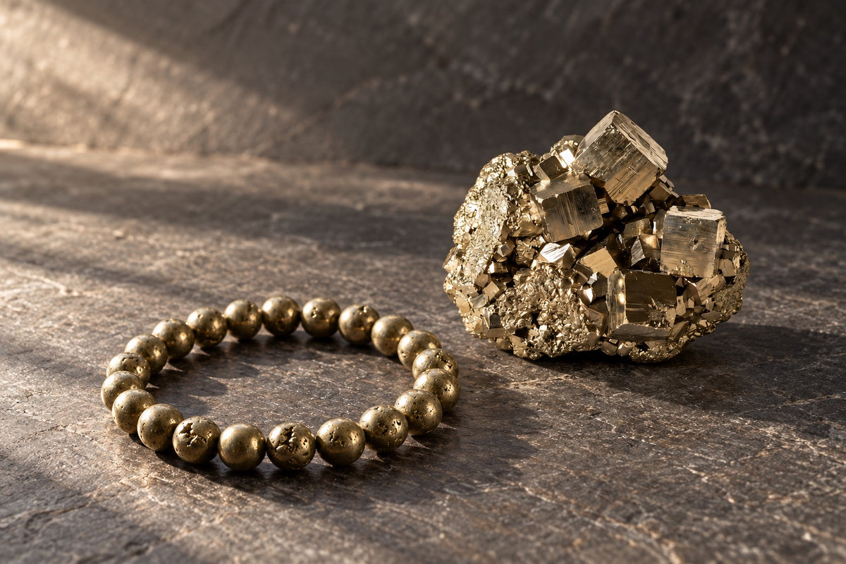 Pyrite bracelet beside a raw pyrite cluster on warm slate